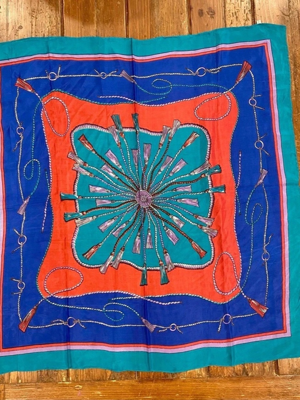 100% Silk Square Scarf, Equestrian Rope Tassel Print, Teal Orange Royal Blue Med